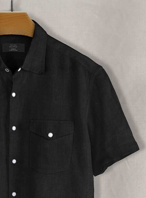European Black Linen Western Style Shirt - Half Sleeves - Click Image to Close