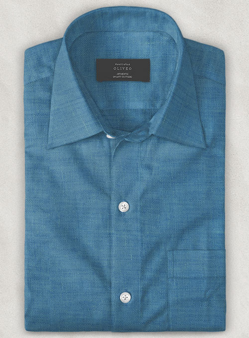European Phthalo Blue Linen Shirt - Half Sleeves - Click Image to Close