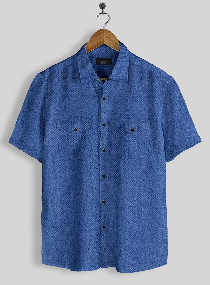 European Sapphire Blue Linen Western Style Shirt - Half Sleeves