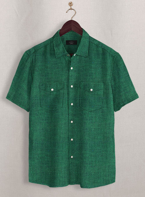 European Green Linen Western Style Shirt - Half Sleeves
