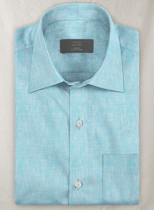 European Sky Blue Linen Shirt - Half Sleeves - Click Image to Close
