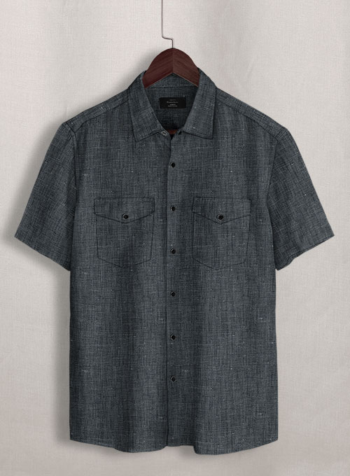 European Ash Gray Linen Western Style Shirt - Half Sleeves