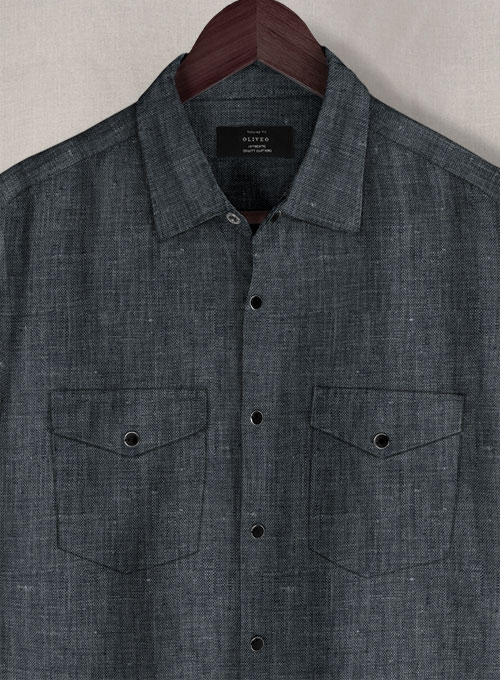 European Ash Gray Linen Western Style Shirt - Half Sleeves