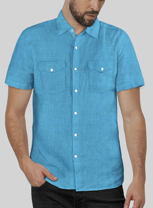 European Blue Linen Western Style Shirt - Half Sleeves - Click Image to Close