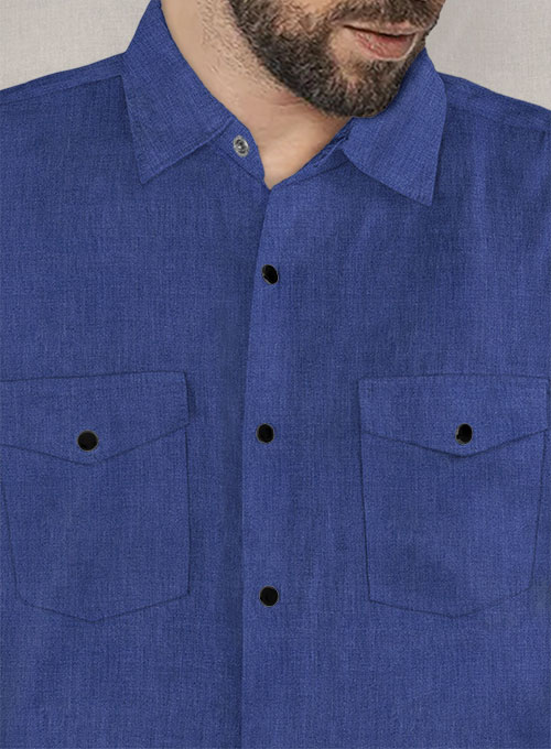 European Cruise Blue Linen Western Style Shirt - Half Sleeves