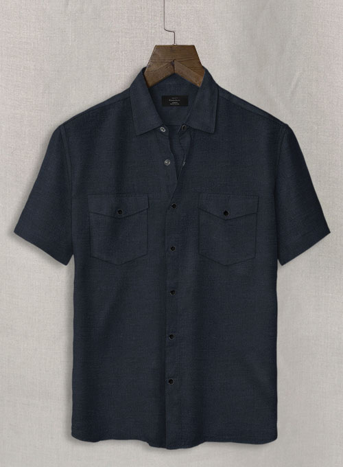 European Dark Blue Linen Western Style Shirt - Half Sleeves