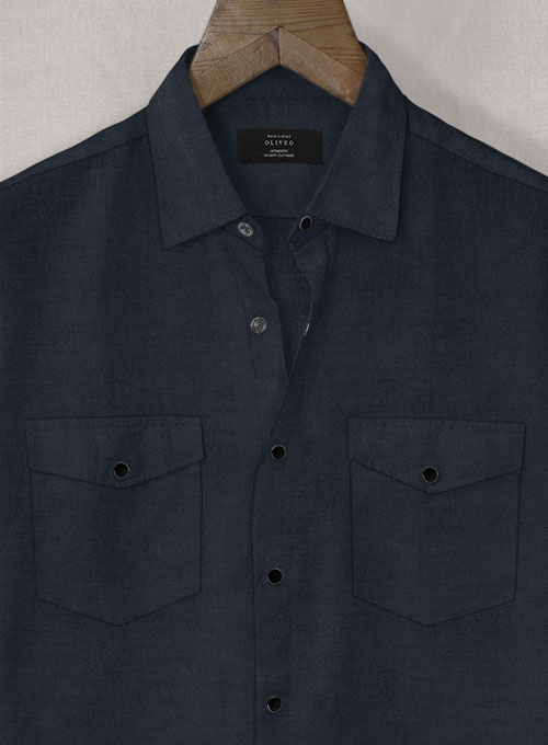 European Dark Blue Linen Western Style Shirt - Half Sleeves - Click Image to Close