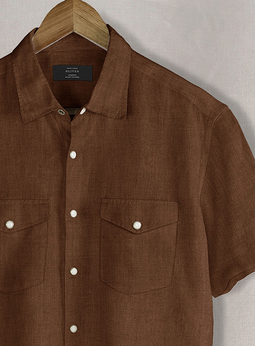 European Oak Brown Linen Western Style Shirt - Half Sleeves