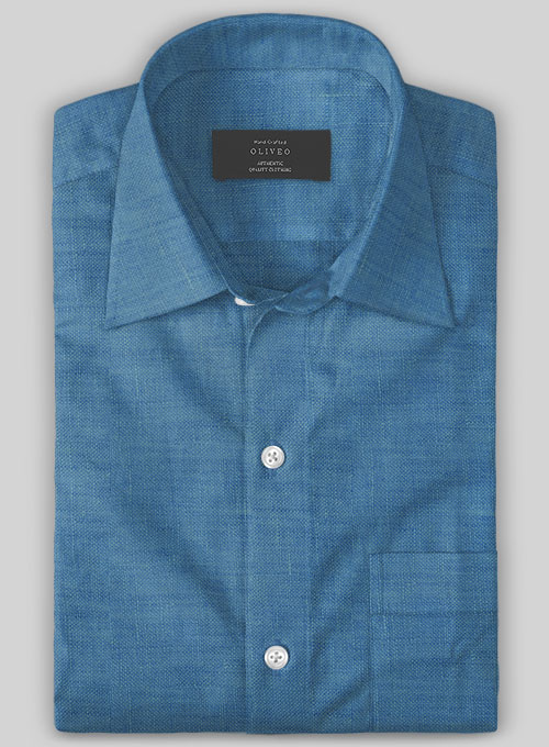European Phthalo Blue Linen Shirt - Half Sleeves - Click Image to Close