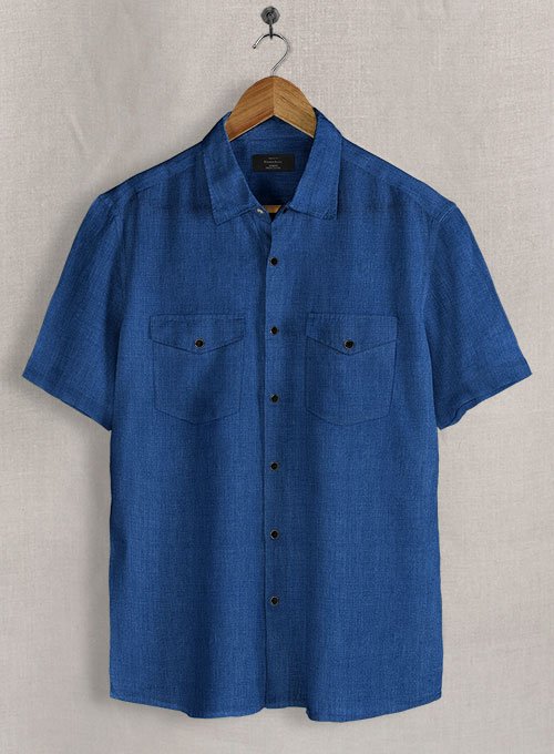 European Sapphire Blue Linen Western Style Shirt - Half Sleeves