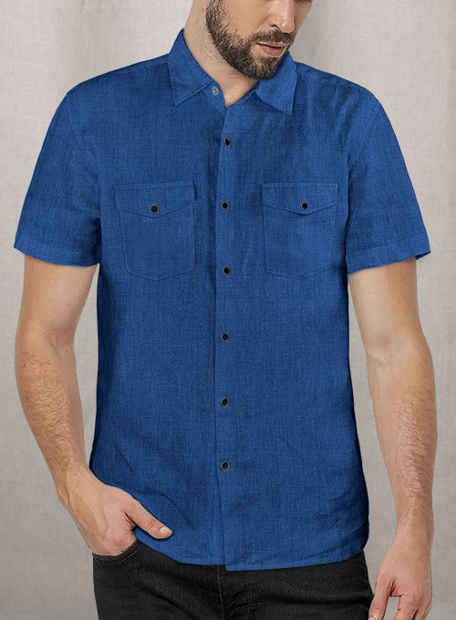 European Sapphire Blue Linen Western Style Shirt - Half Sleeves - Click Image to Close