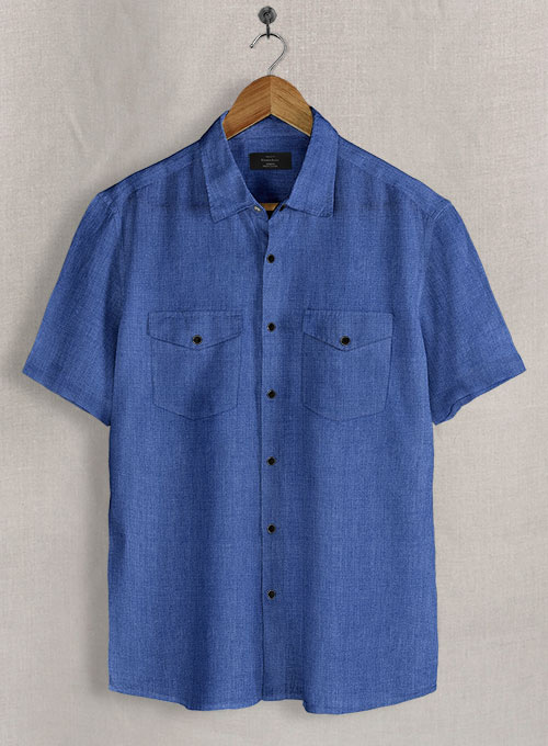 European Sapphire Blue Linen Western Style Shirt - Half Sleeves