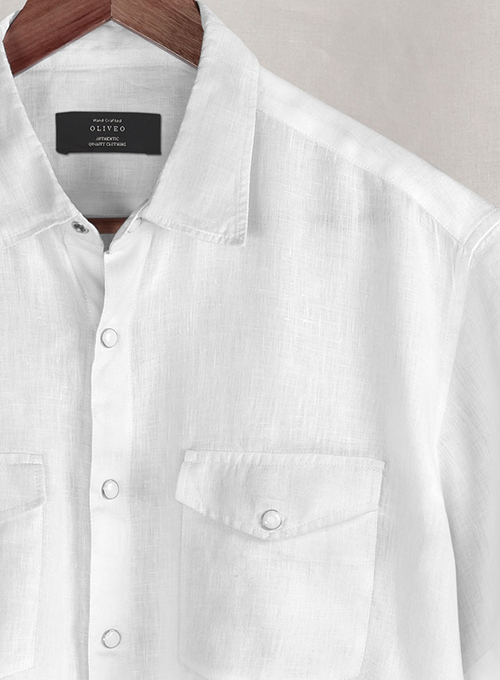 European White Linen Western Style Shirt - Half Sleeves - Click Image to Close