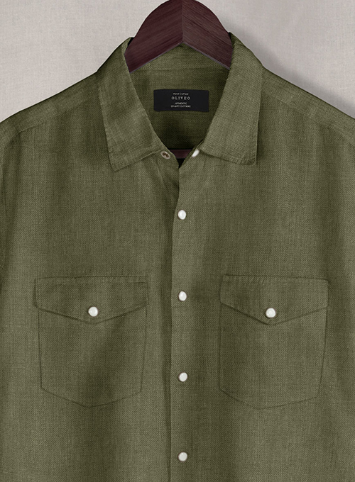 European Woodland Green Linen Western Style Shirt - Half Sleeves