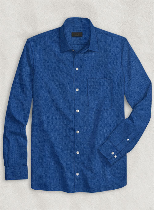 European Sapphire Blue Linen Shirt - Full Sleeves - Click Image to Close