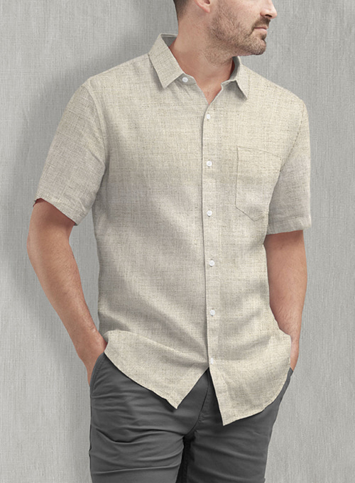 Oatmeal Beige Linen Shirt - Half Sleeves