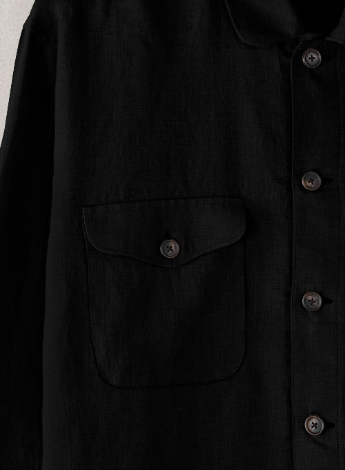 Safari Pure Black Linen Overshirt - Full Sleeves