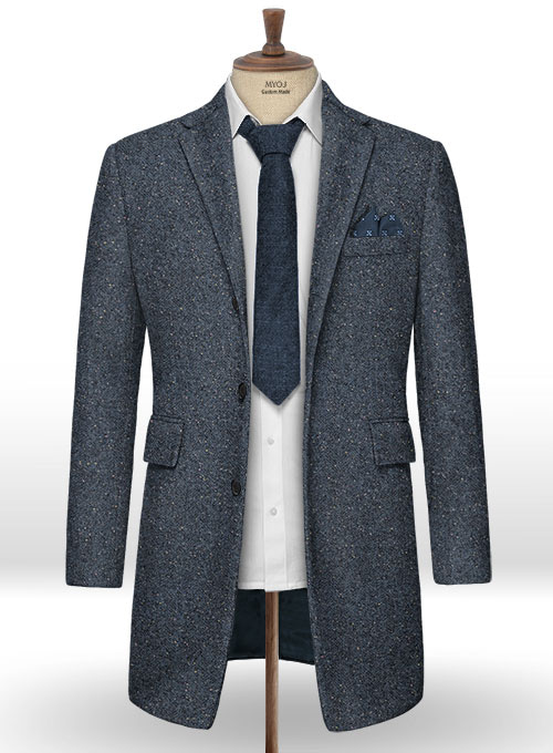 Arc Blue Herringbone Flecks Donegal Tweed Overcoat