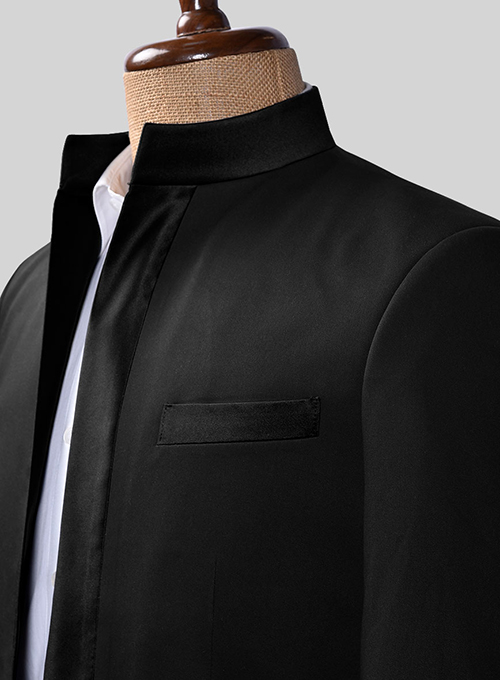 Black Terry Rayon Nehru Tuxedo Jacket - Click Image to Close