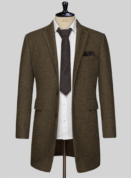 Bottle Brown Herringbone Tweed Overcoat