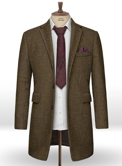 Bottle Brown Herringbone Tweed Overcoat