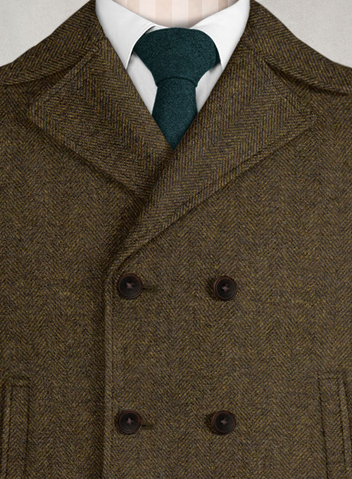 Bottle Brown Herringbone Tweed Pea Coat