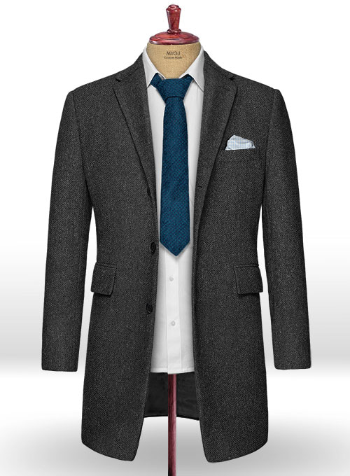 Charcoal Herringbone Tweed Overcoat