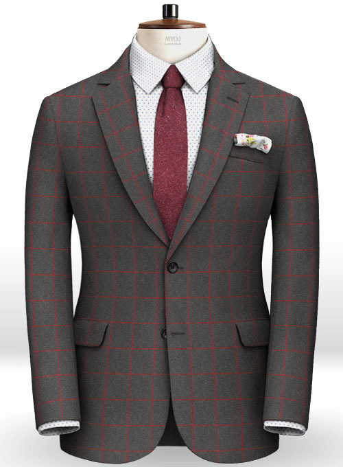 Charcoal Red Windowpane Flannel Wool Suit