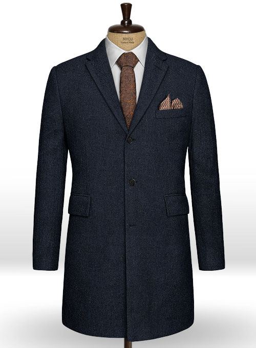 Deep Blue Herringbone Tweed Overcoat