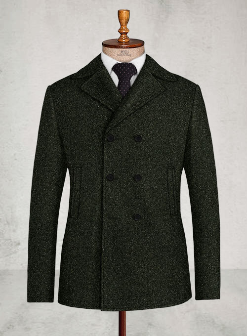 Dark Olive Flecks Donegal Tweed Pea Coat