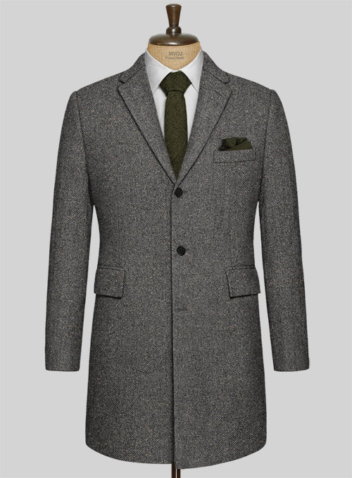 Gray Herringbone Flecks Donegal Tweed Overcoat