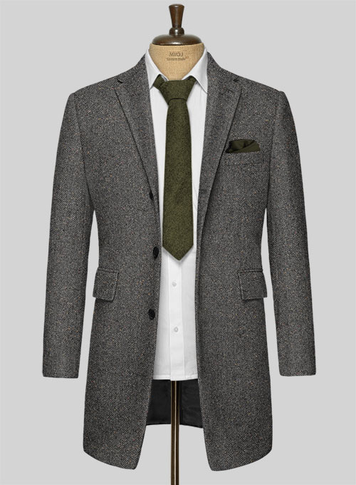 Gray Herringbone Flecks Donegal Tweed Overcoat