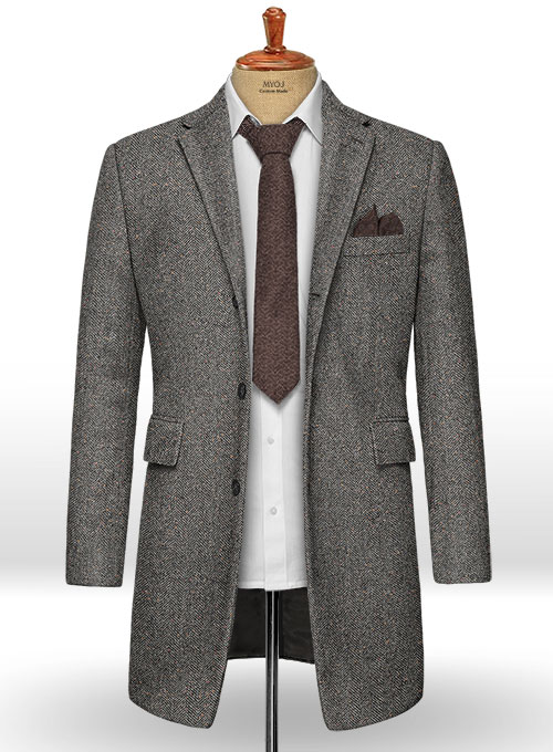 Gray Herringbone Flecks Donegal Tweed Overcoat - Click Image to Close