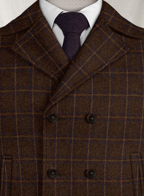 Italian Fulvia Brown Checks Tweed Pea Coat