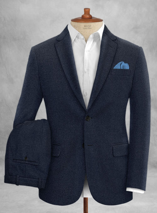 Italian Wide Herringbone Blue Tweed Suit