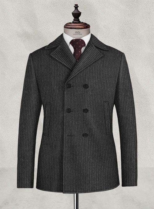 Light Weight Charcoal Stripe Tweed Pea Coat