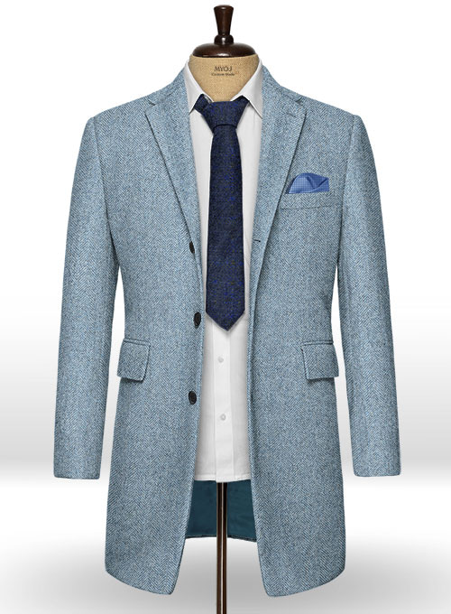 Light Blue Herringbone Tweed Overcoat