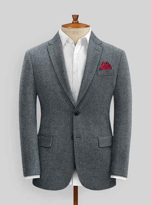 Mid Blue Herringbone Flecks Donegal Tweed Suit