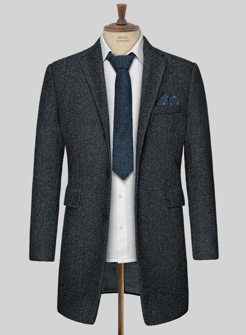 Mid Blue Herringbone Flecks Donegal Tweed Overcoat