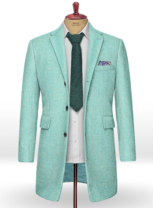 Melange Aqua Blue Tweed Overcoat - Click Image to Close