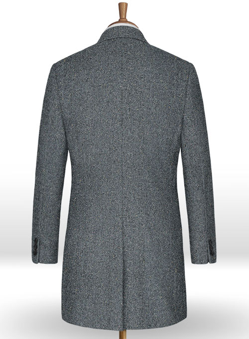 Mid Blue Herringbone Flecks Donegal Tweed Overcoat