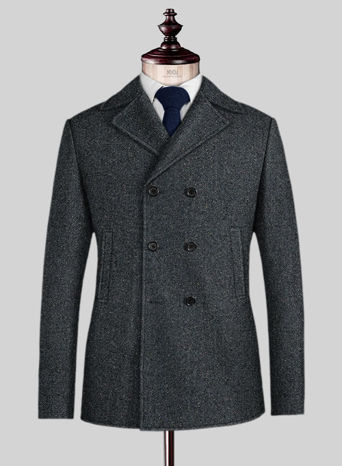Mid Blue Herringbone Flecks Donegal Tweed Pea Coat