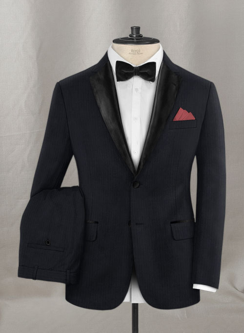 Napolean Dark Blue Herrringbone Wool Tuxedo Suit