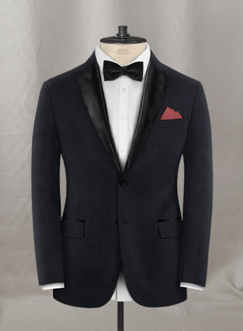 Napolean Dark Blue Herrringbone Wool Tuxedo Suit