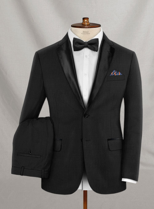 Napolean Black Herringbone Wool Tuxedo Suit