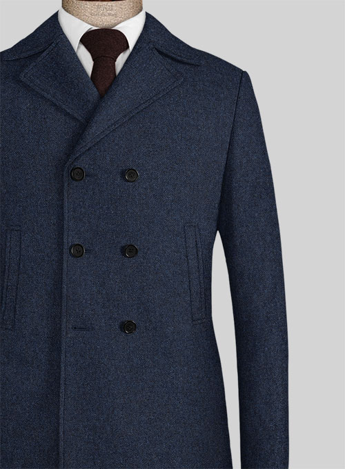 Royal Blue Denim Tweed Pea Coat - Click Image to Close