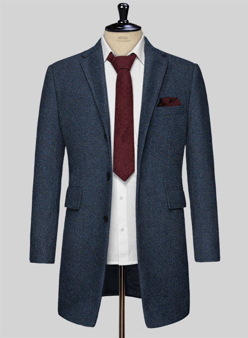 Showman Blue Herringbone Tweed Overcoat - Click Image to Close