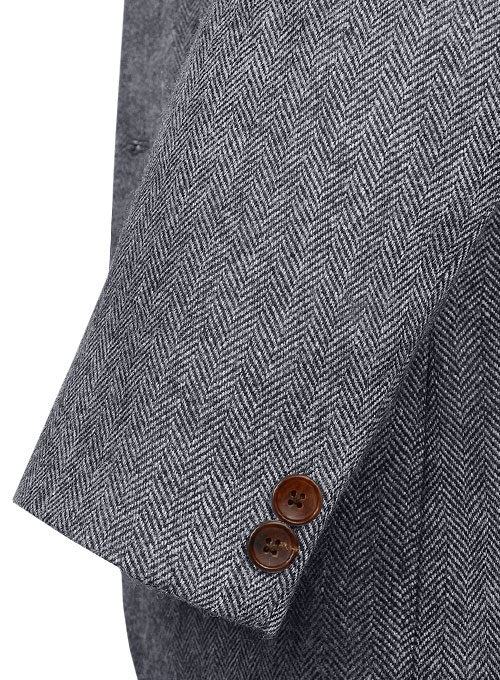 Vintage Herringbone Blue Tweed Suit - Leather Trims - Click Image to Close