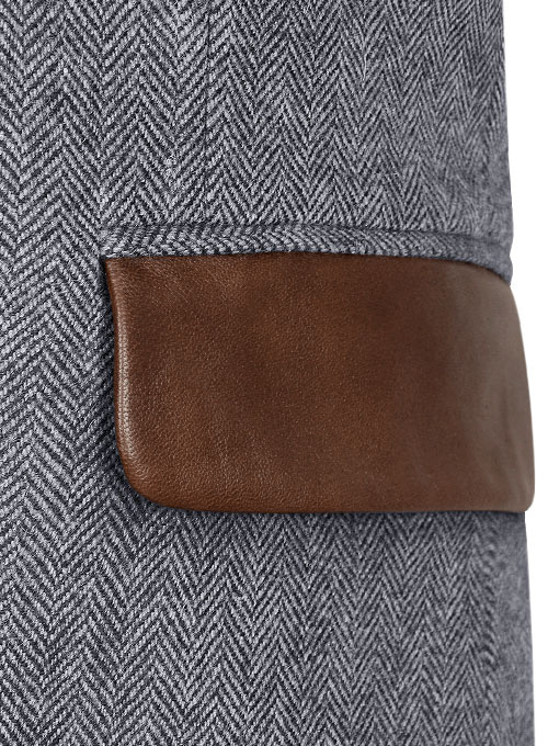 Vintage Herringbone Blue Tweed Jacket - Leather Trims - Click Image to Close