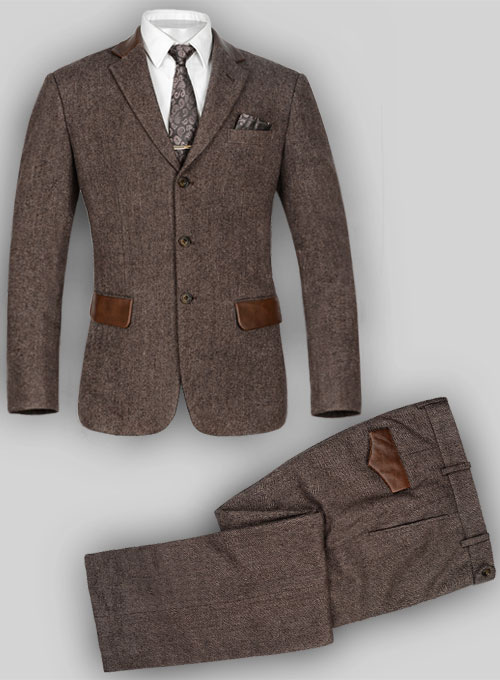 Vintage Dark Brown Herringbone Tweed Suit - Leather Trims - Click Image to Close